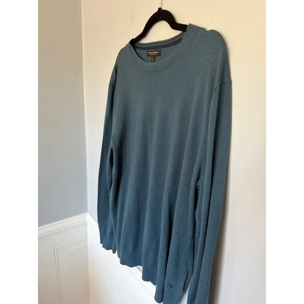 Banana Republic, XL, Teal Blue Merino Wool Sweater, Crewneck, Fine Knit, Mens